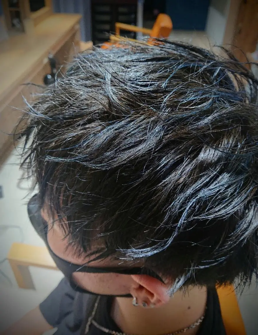 メンズ カラー メンズハイライト 黒髪 ブルーカラー ブルーブラック ハイライトカラー alushe 岡 陽子のヘアスタイル