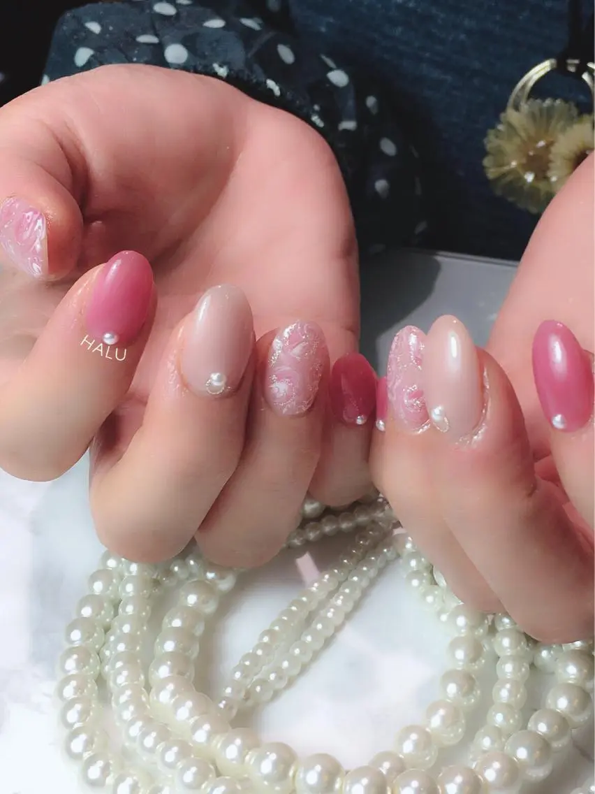 ネイル ラメ(グリッター) 大理石ネイル(マーブル) 春ネイル HALU ハルのネイルデザイン