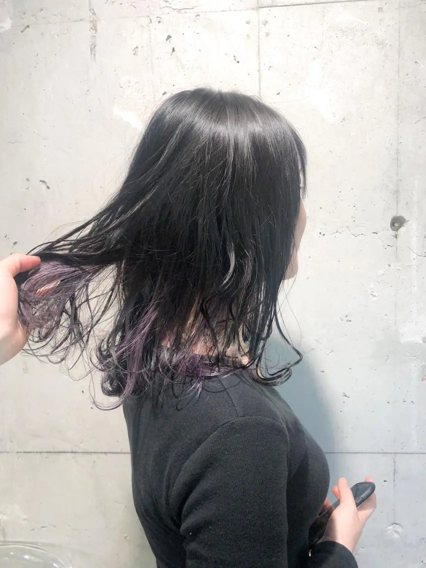 ミディアム カラー パーマ ヘアアレンジ メンズ キッズ ネイル マツエク・マツパ メンズブリーチ 黒髪 ブリーチ ブルーカラー ブルーブラック 当日予約⭕️ Rene’のヘアスタイル