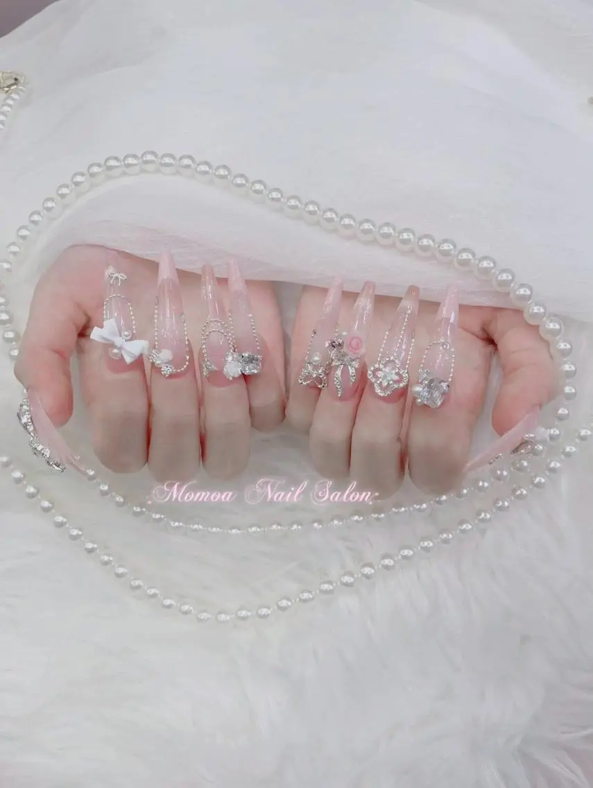 ネイル 成人式 大理石ネイル(マーブル) リボン 夏ネイル ネイルチップ ハンドネイル MoMoA Nail ネイル長さ出し専門店のネイルデザイン