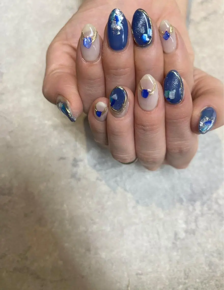 ネイル アートネイル ジェルネイル ミラーネイル ネイビー オフィスネイル ハンドネイル ハンドケア FASTNAIL PLUS 新宿店のネイルデザイン