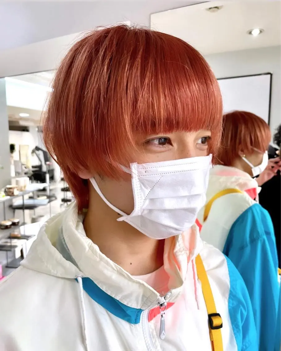 ショート カラー メンズ メンズブリーチ ブリーチ オレンジ ピンクカラー パーマウルフショート 濱田匠のヘアスタイル