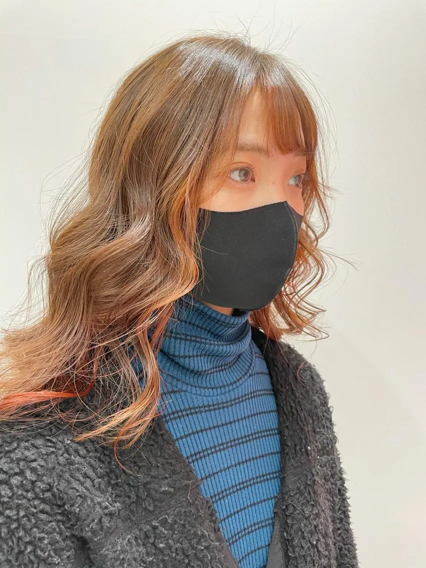 ロング カラー オレンジ 韓国風ハッシュカット 似合わせレイヤー池袋のヘアスタイル