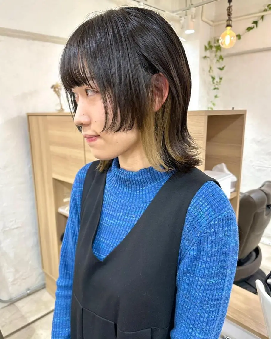 ショート カラー パーマ 切りっぱなしボブ 前下がりボブ ショートボブ 黒髪 イヤリングカラー 髪質改善 縮毛矯正/ レイヤー/銀座/本木のヘアスタイル