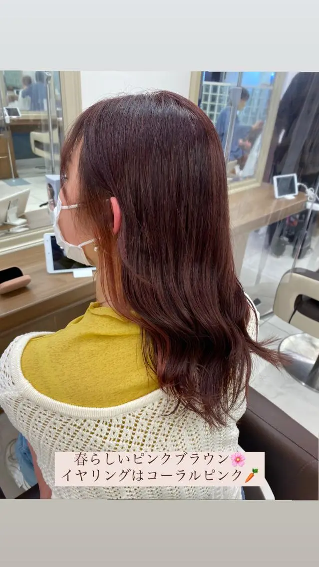 セミロング カラー ブリーチ ブラウンカラー ダブルカラー ブリーチなしカラー ピンクカラー カット ヘアカラー トリートメント 長妻莉央/縮毛矯正 髪質改善カラーのヘアスタイル