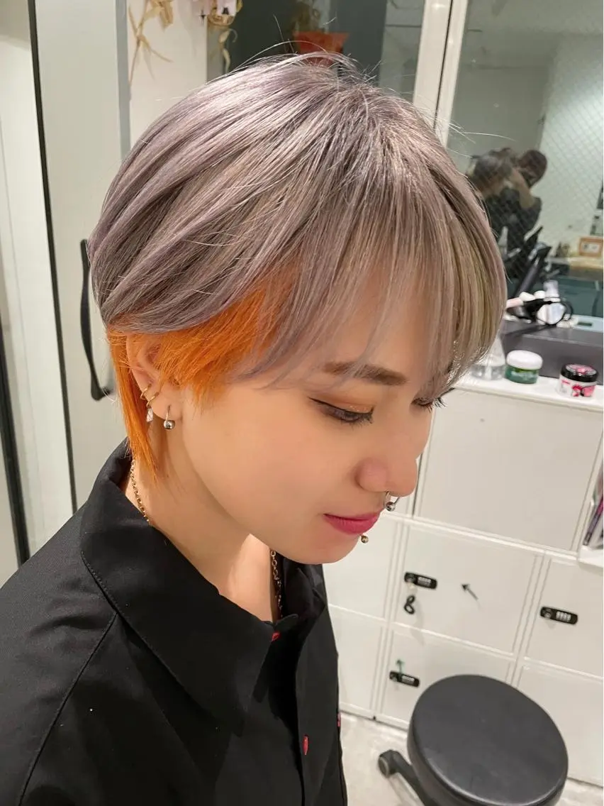ショート カラー グレージュ インナーカラー オレンジ イエローカラー ヘアカラー 京都美容師 塩のヘアスタイル