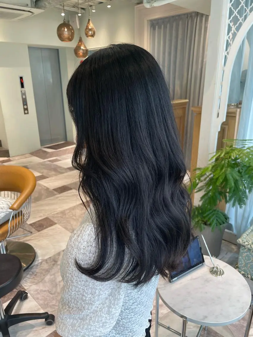 カラー ベージュカラー 黒髪 ブリーチ ブルーカラー ブルーブラック ヘアカラー 木屋元一/透明感 /前髪/レイヤーのヘアスタイル