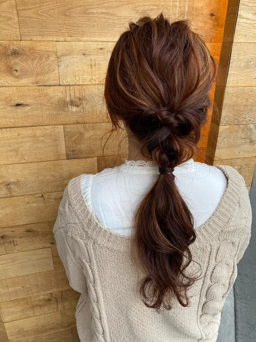 ロング カラー ヘアアレンジ ポニーテール ハイライトカラー オレンジ ハイライト 🌼 アユカのヘアスタイル