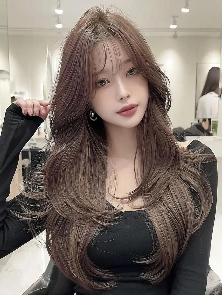 ロング 顔周りカット 髪質改善 韓国風ヘア レイヤーカット ヘアカラー トリートメント FOCUS JAPAN3のヘアスタイル