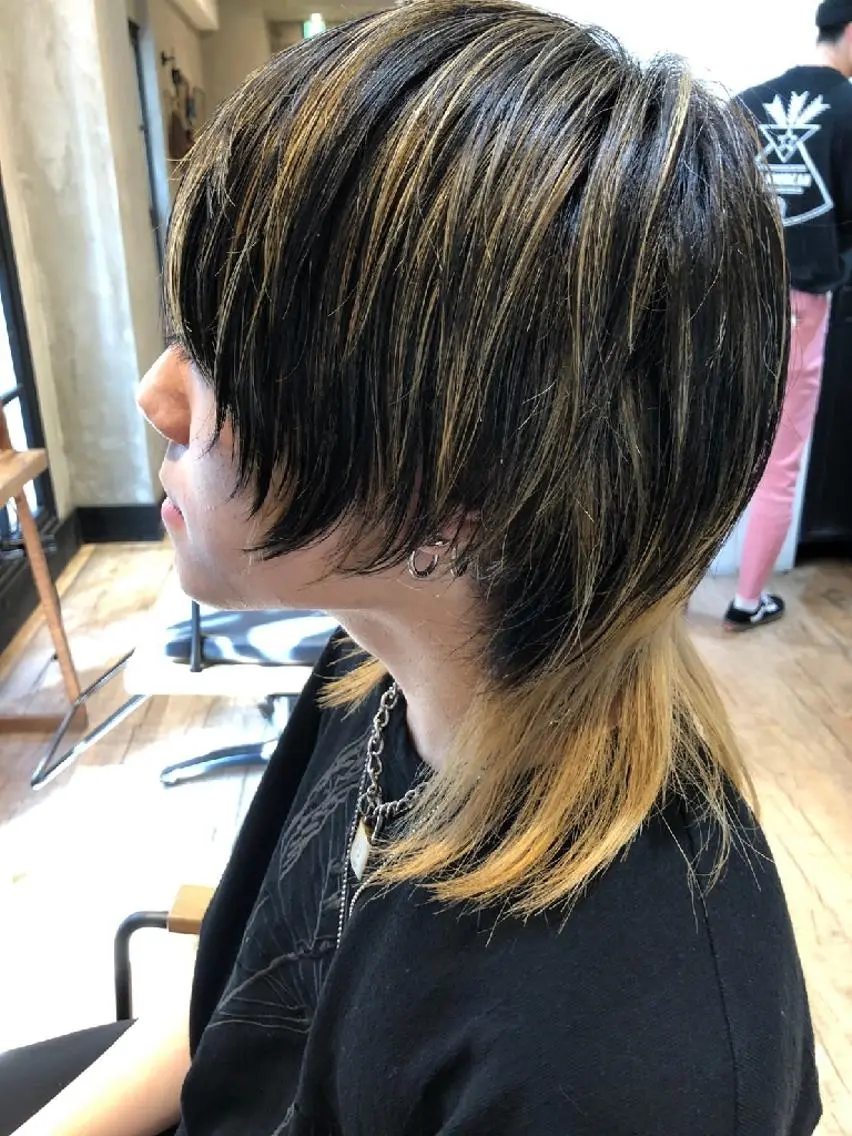メンズ ミディアム カラー メンズハイライト メンズウルフカット ハイライトカラー ハイライト ウルフカット カット ヘアカラー トリートメント ヘアセット 新宿メンズ専門 モテ清潔感パーマ特化のヘアスタイル