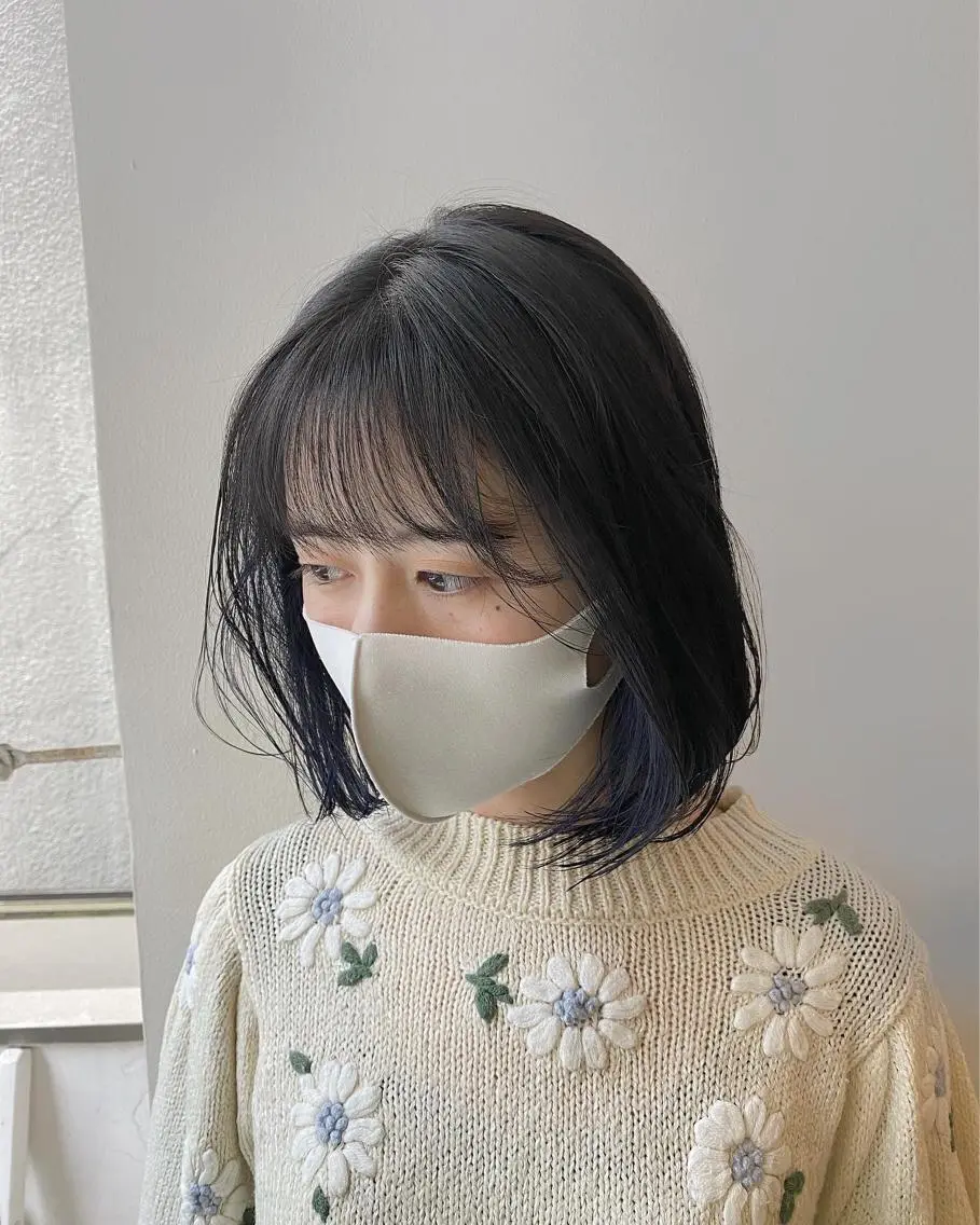ショート カラー ヘアアレンジ 黒髪 ブルーカラー ブルーブラック ボブ フレンチボブパーマ Yuukiのヘアスタイル
