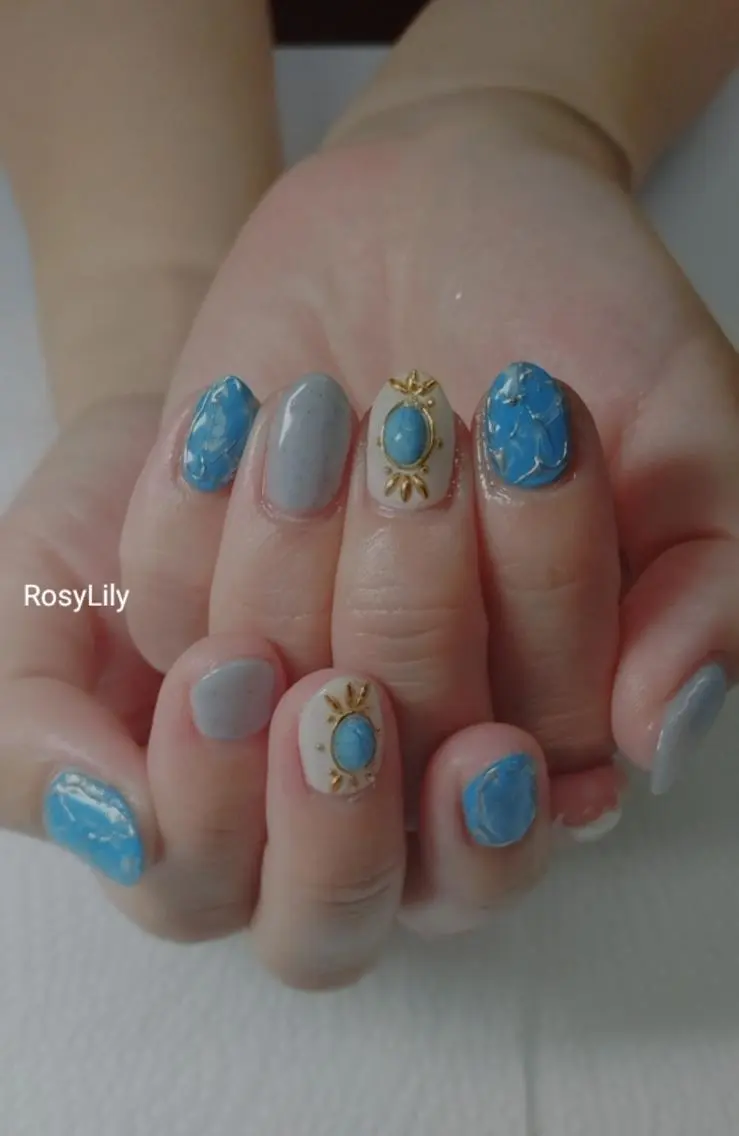 ネイル ブルー 持ち込み ハンドネイル ハンドケア プライベートサロン Rosy Lilyのネイルデザイン