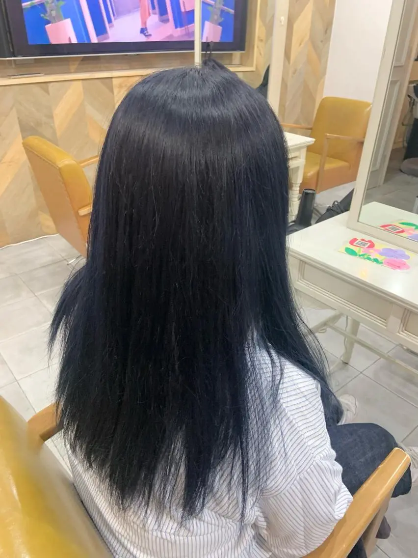 ロング カラー 黒髪 ブルーカラー ブルーブラック 顔まわりカット/ボブ /♡とーこ♡のヘアスタイル