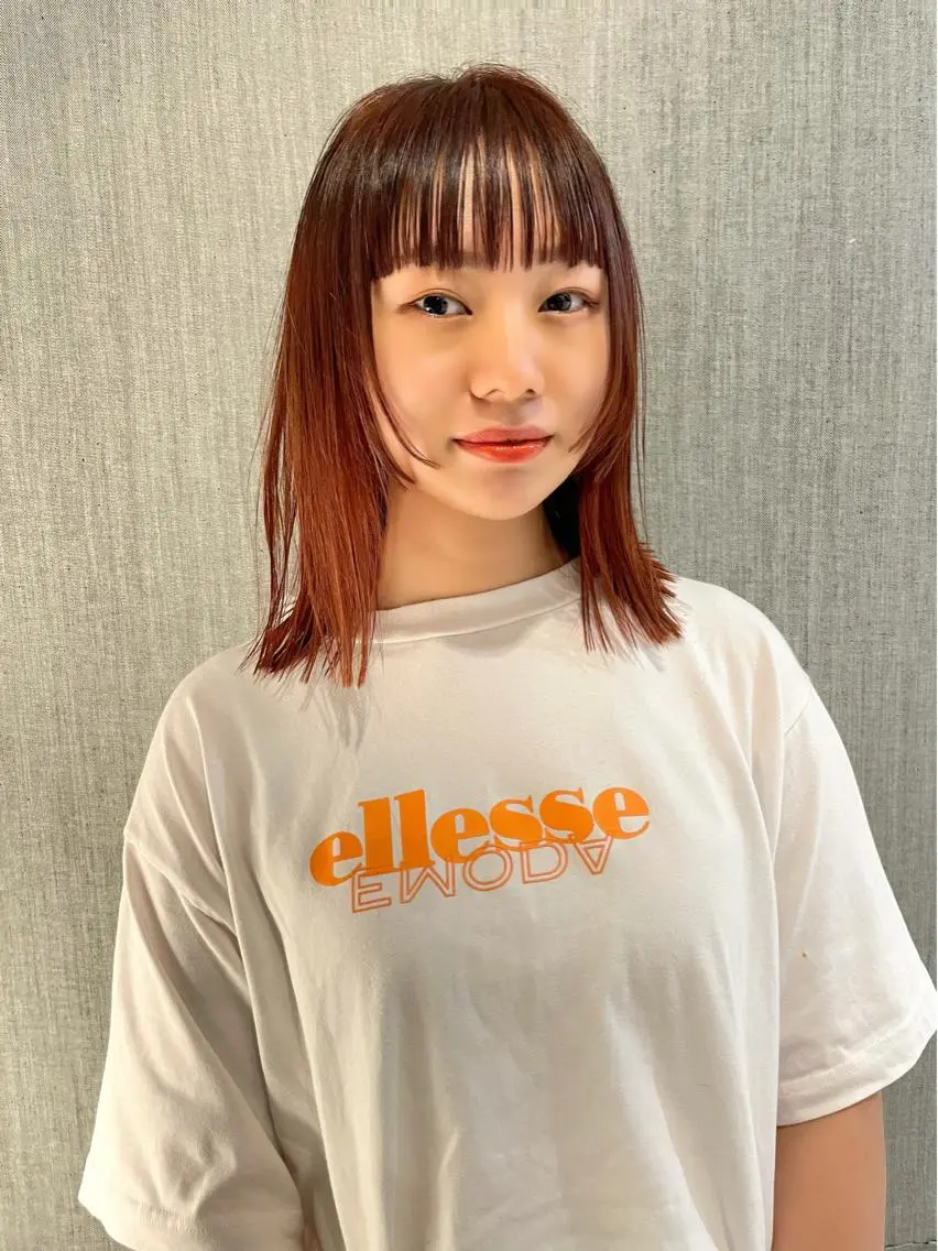 ミディアム カラー オレンジ カット ヘアカラー トリートメント ブリーチ🧚 ボブ✍️レイヤーのヘアスタイル