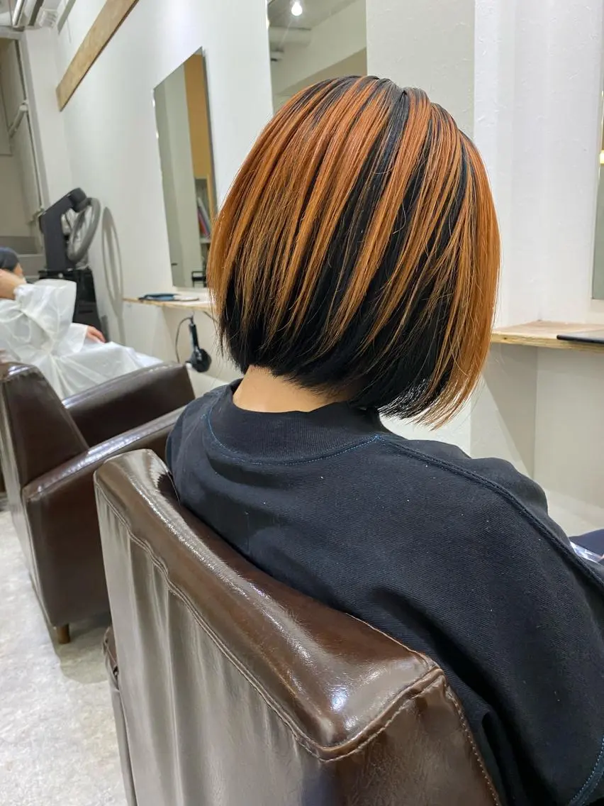 ショート カラー 黒髪 オレンジ ヘアカラー トリートメント 森貴裕/ベージュ/ パーマ/オリーブのヘアスタイル