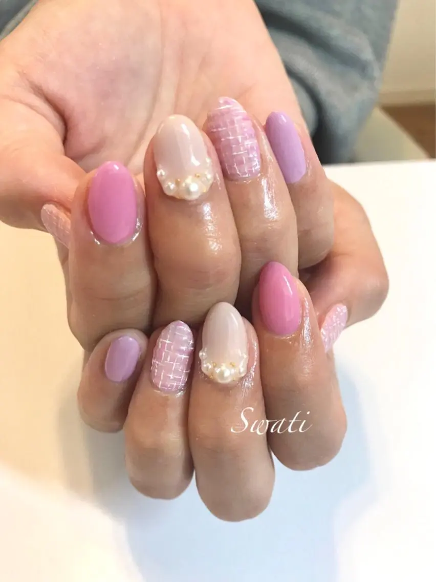 ネイル アートネイル オフィスネイル ピンク パープル シンプルネイル yuko (ネイリスト)のネイルデザイン