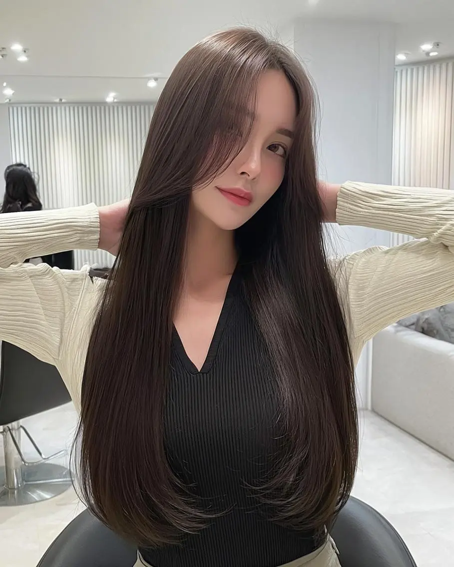 ロング 髪質改善 韓国風ヘア レイヤーカット 縮毛矯正 トリートメント トリートメント eve🐰束間まつ毛 /透明感カラーのヘアスタイル