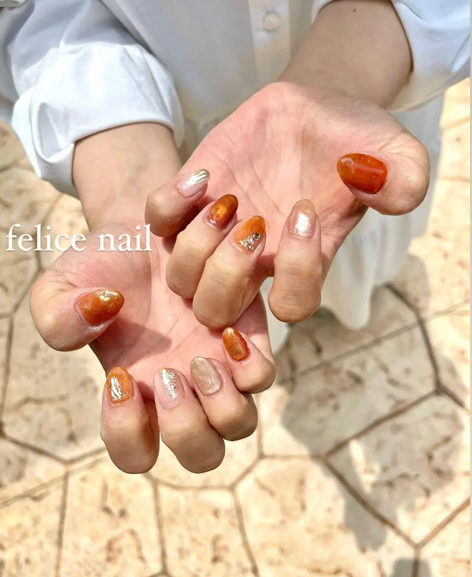 ネイル ブラウン オレンジ felice nailのネイルデザイン