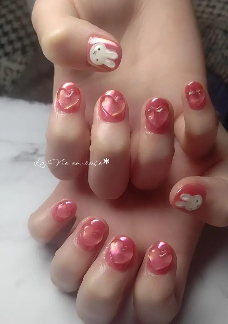 ネイル ハート ぷっくりネイル ラヴィアン ローズのネイルデザイン