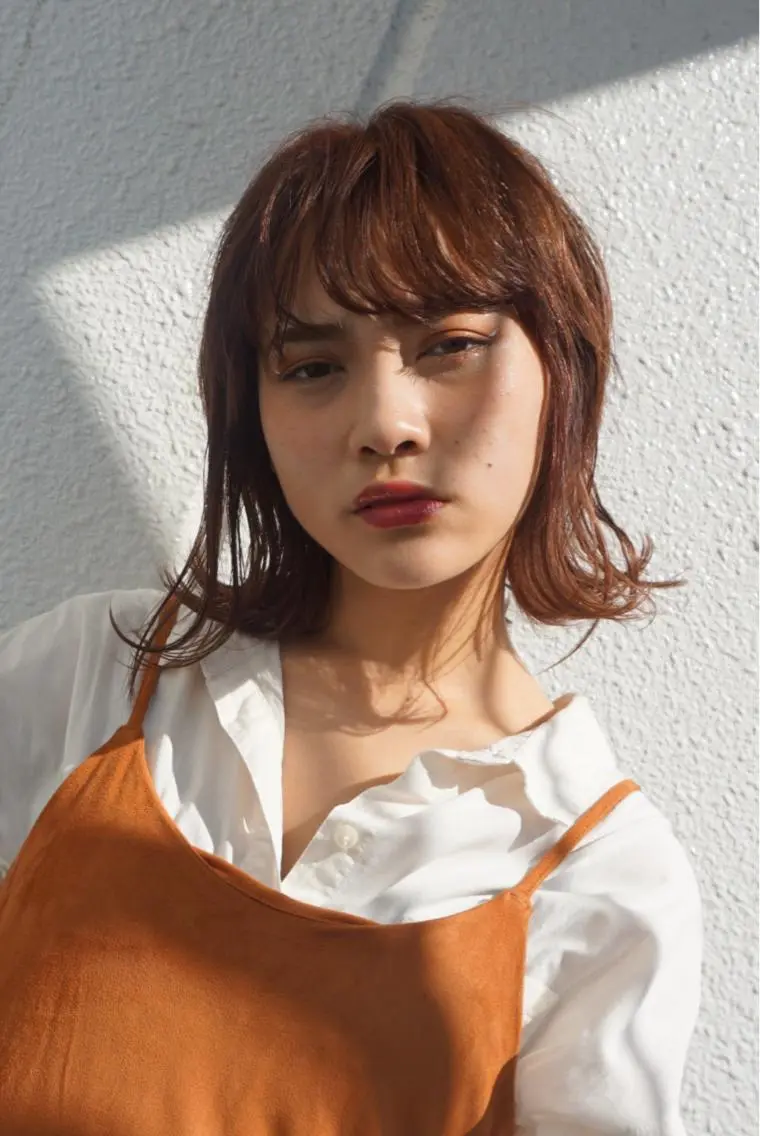 ミディアム カラー パーマ ボルドーカラー オレンジ レッドカラー ボブ 小顔カット 美艶ボブ イシイのヘアスタイル