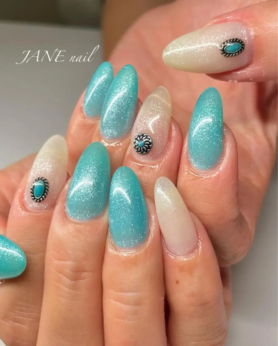 ネイル ブルー フットネイル ラメ(グリッター) 大理石ネイル(マーブル) 夏ネイル ハンドネイル Nail Salon JANEのネイルデザイン