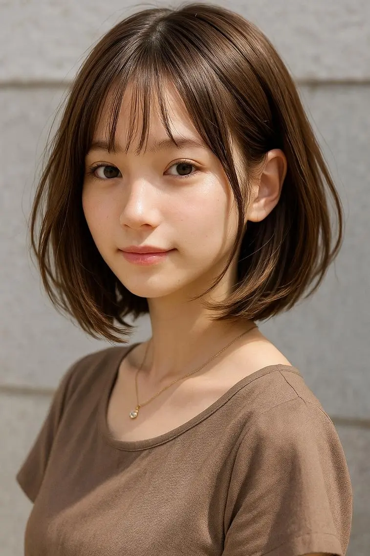 ミディアム カラー ブラウンカラー 透明感カラー ボブ レイヤーカット 小顔カット カット ヘアカラー トリートメント さく/髪質改善× 縮毛矯正/町田のヘアスタイル