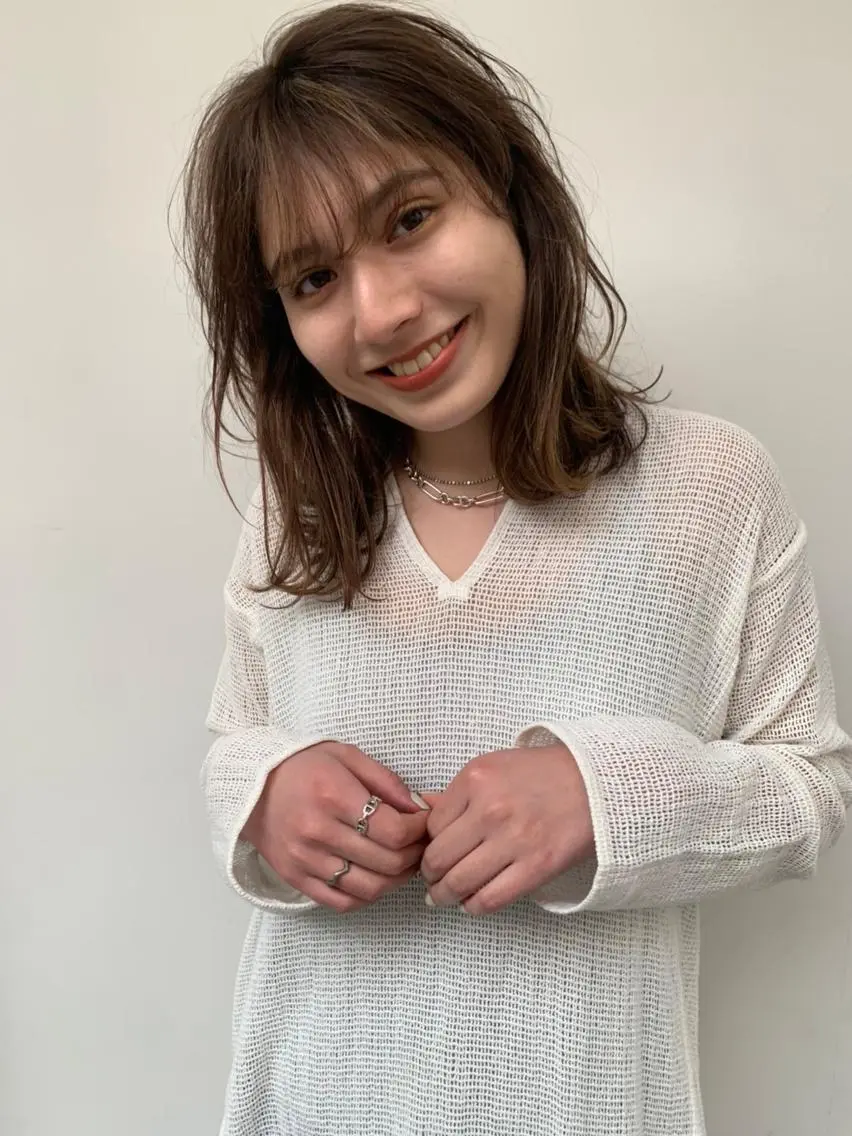 ミディアム パーマ カラー ミディアムパーマ ダブルカラー グラデーションカラー ハイライトカラー イルミナカラー CEINE PATHのヘアスタイル