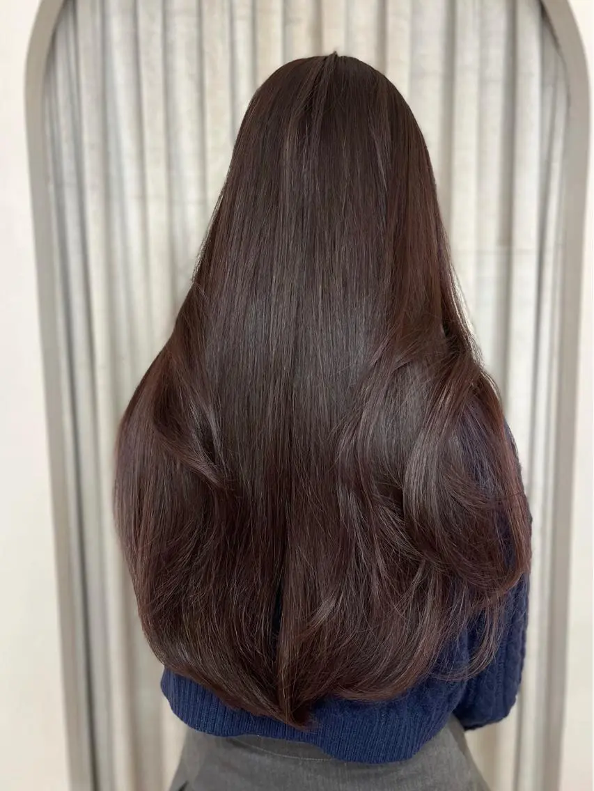 ロング ピンクブラウン 韓国ヘア レイヤーカットのヘアスタイル