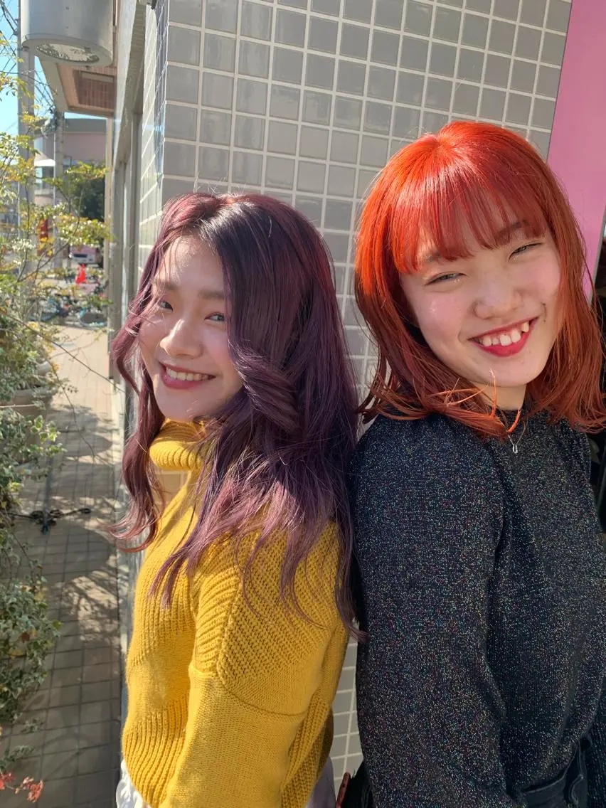 ロング カラー ブリーチ オレンジ ピンクカラー バイオレットカラー カット ヘアカラー トリートメント ヘッドスパ nishimura makotoのヘアスタイル