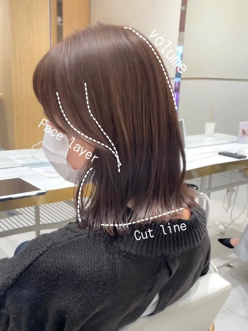 ミディアム カラー パーマ ヘアアレンジ 切りっぱなしボブ ブリーチ 透明感カラー ブリーチなしカラー ボブ 小野寺瑞希 /最小顔カットのヘアスタイル