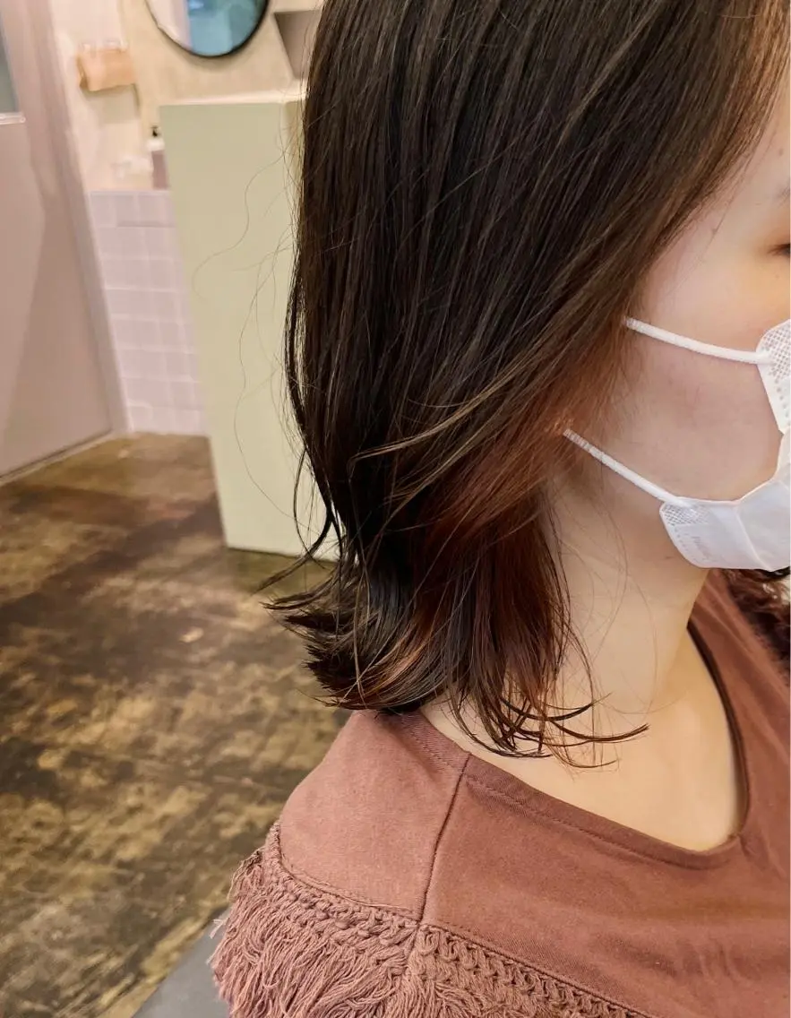 ミディアム カラー インナーカラー オレンジ ヘアカラー 西山 紗耶香🪽 透明感カラー/ボブのヘアスタイル