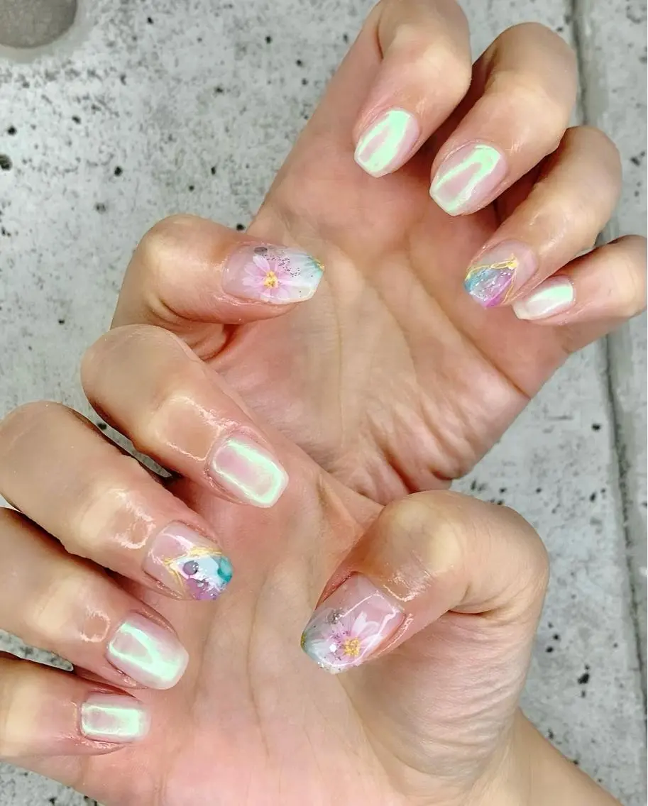 ネイル オーロラネイル クリアネイル ミラーネイル ニュアンスネイル 夏ネイル ハンドネイル Nail Salon　Ｋのネイルデザイン
