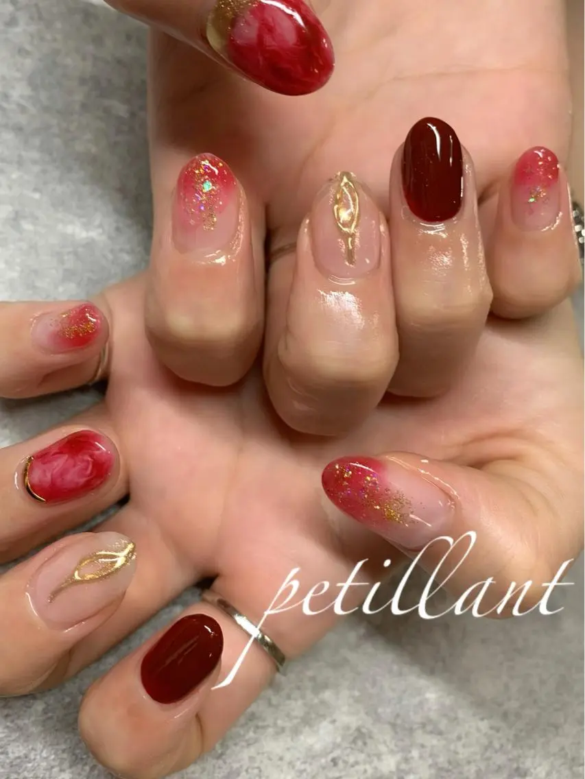 ネイル ボルドー クリアネイル キラキラネイル nail salon petillantのネイルデザイン