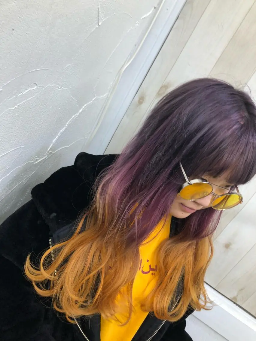 ロング カラー グラデーションカラー オレンジ ピンクカラー パープルカラー ボブ ヘアカラー エクステ PSY(サイ)池袋 金田尚久🎨のヘアスタイル