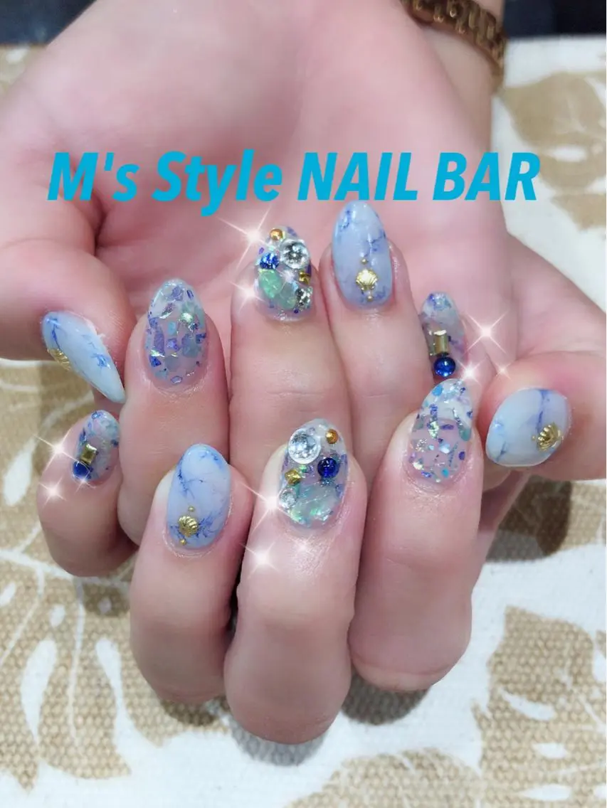 ネイル ブルー 持ち込み 夏ネイル ハンドネイル M's Style NAIL BARのネイルデザイン