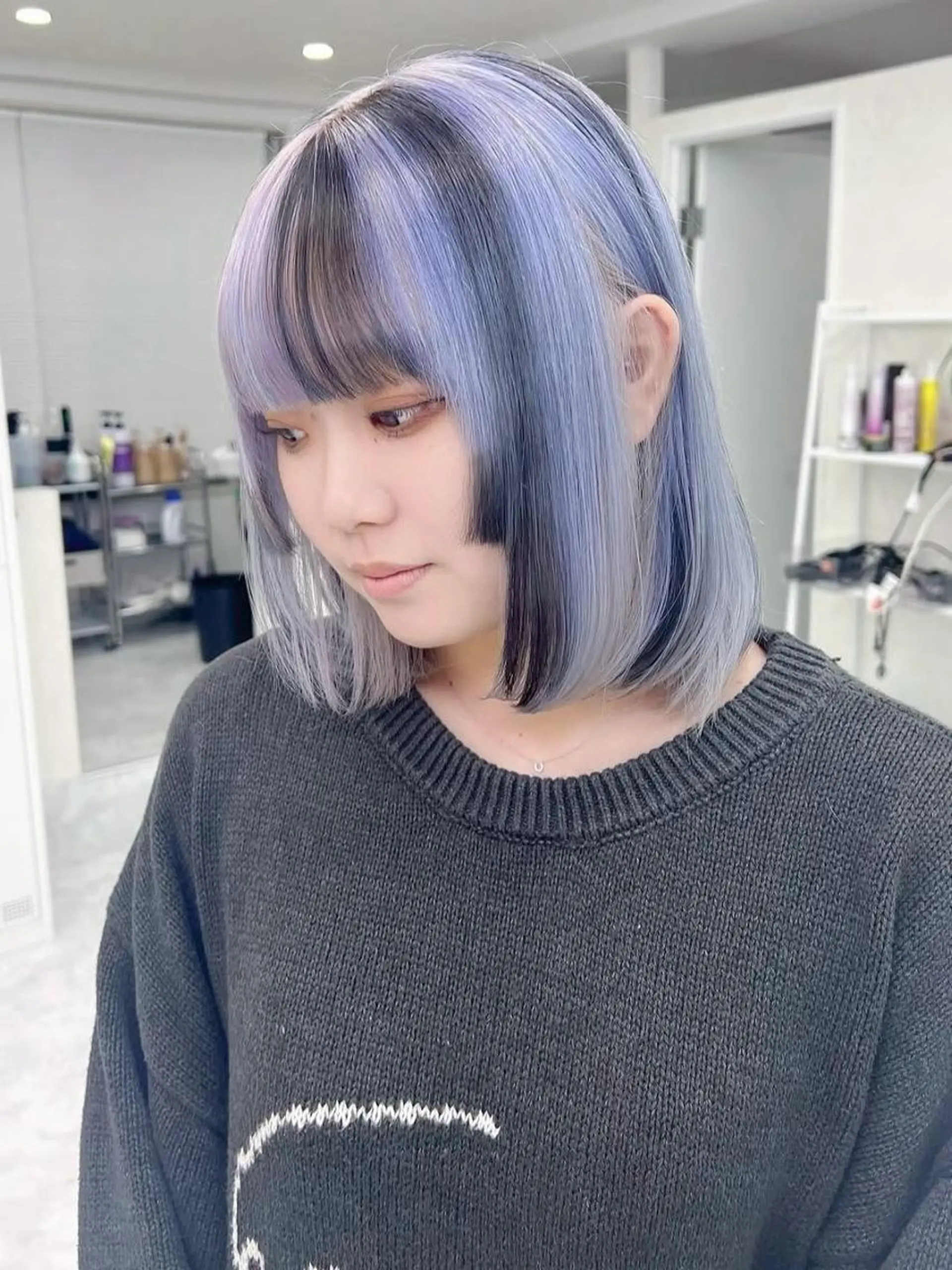 セミロング カラー アディクシーカラー アッシュ バレイヤージュ ベージュカラー ブルーカラー 髪質改善ストレート髪 質改善カラー特化中崎のヘアスタイル