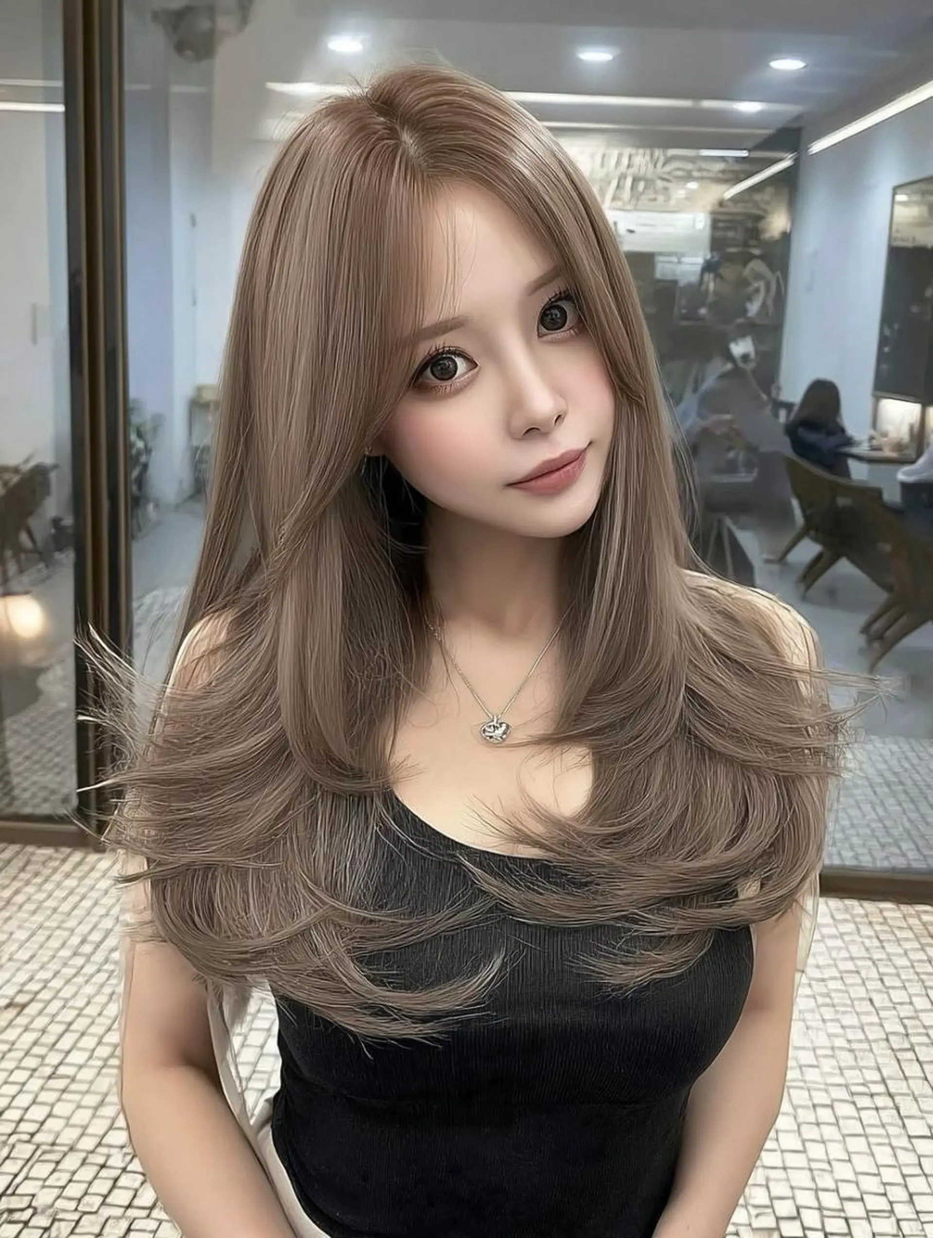 ミディアム ボブ 髪質改善 韓国風ヘア レイヤーカット 縮毛矯正 カット ヘアカラー トリートメント 福園 弘郁のヘアスタイル