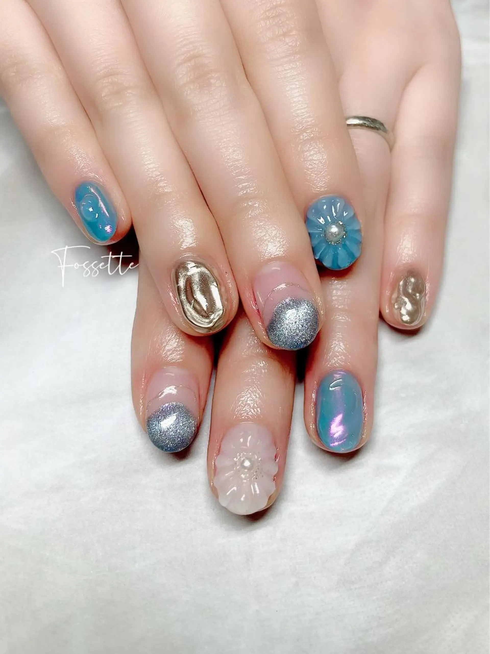 ネイル オーロラネイル フラワーネイル マグネットネイル ミラーネイル ぷっくりネイル ハンドネイル nailsalon Fossetteのネイルデザイン