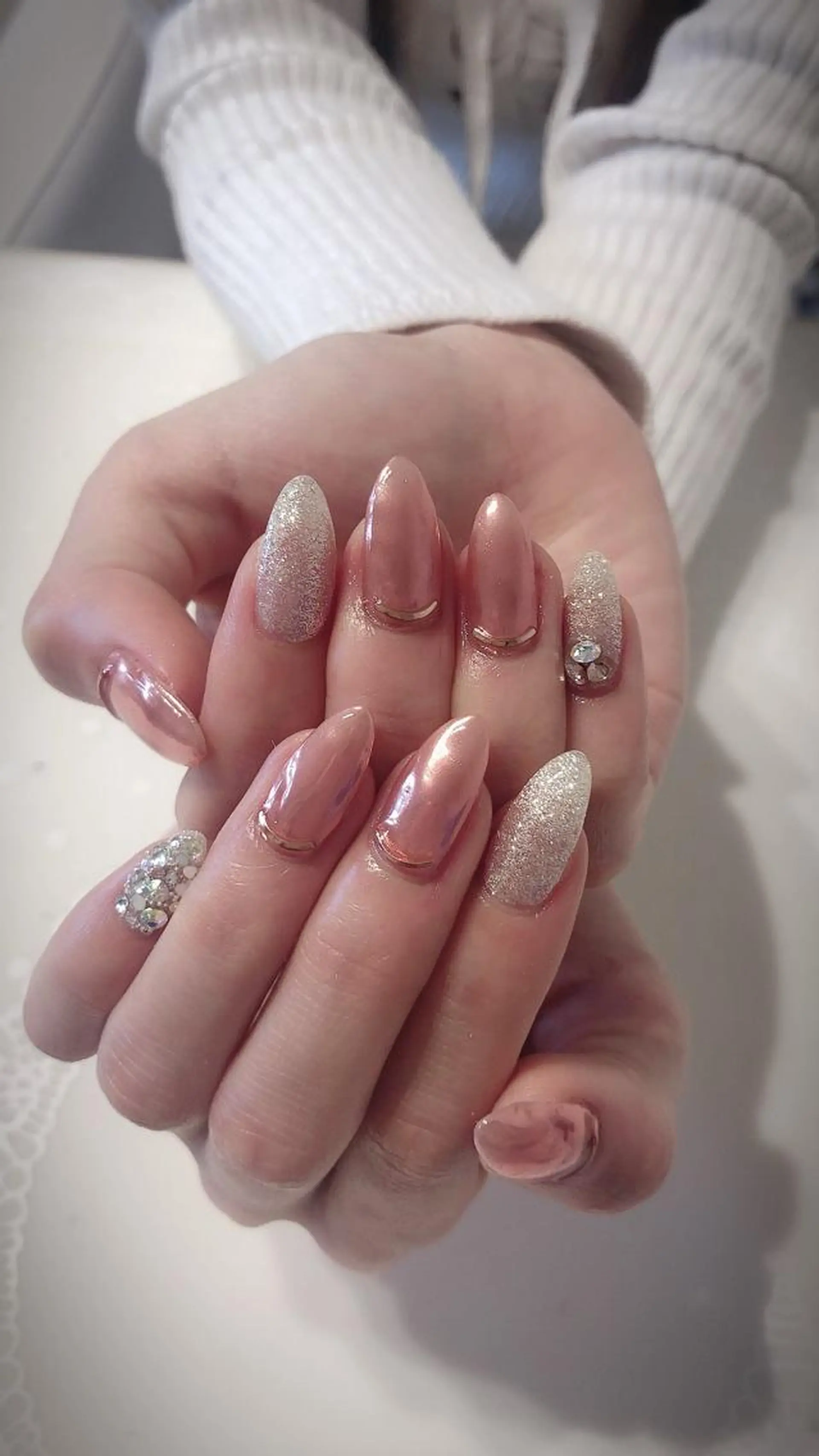 ネイル ミラーネイル ピンク ストーンネイル ハンドネイル * haruのネイルデザイン