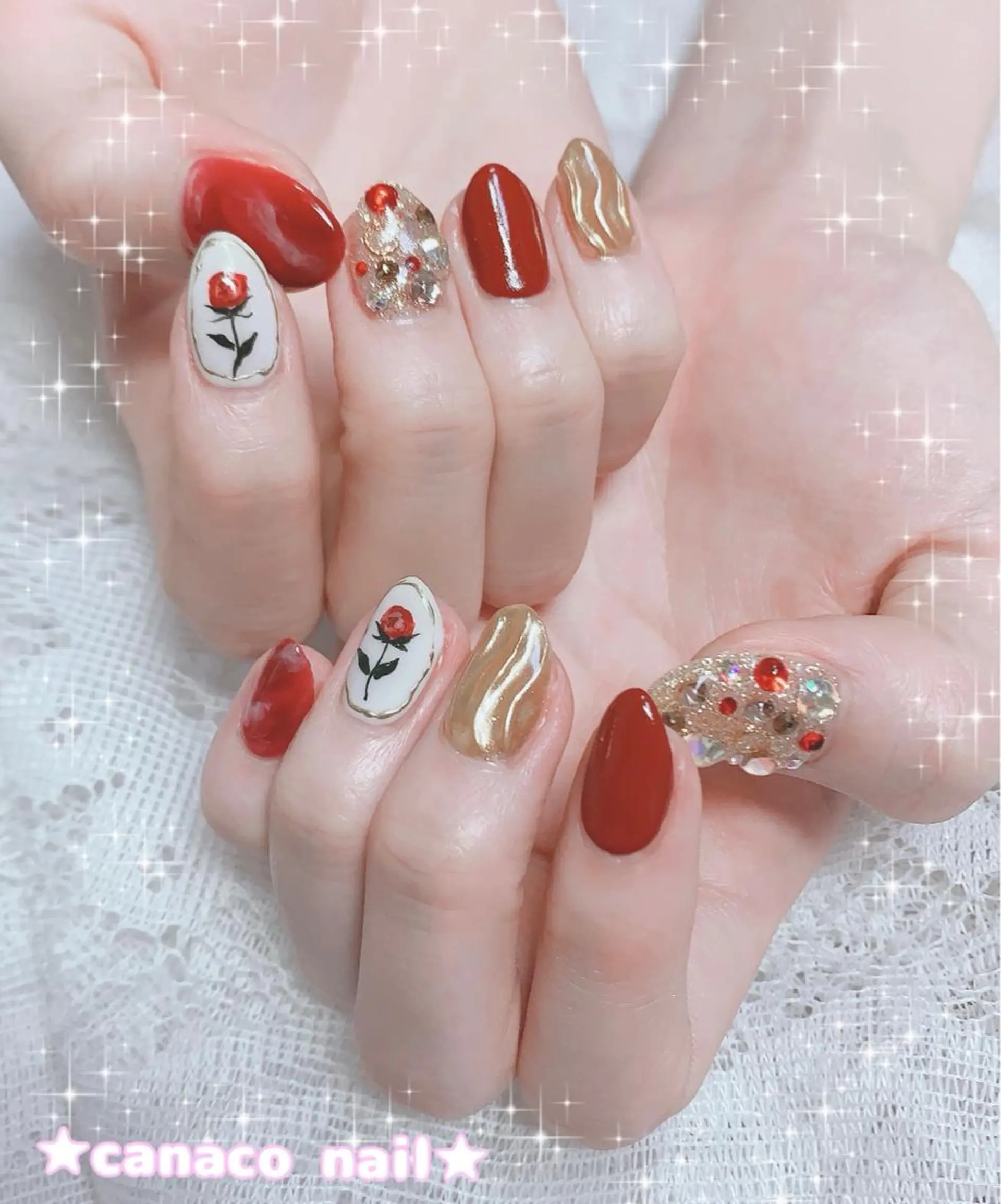 ネイル アートネイル ジェルネイル ガーリー パラジェル ストーンネイル ハンドネイル ハンドケア Felice所属・ベテランネイル cnc nailのネイルデザイン