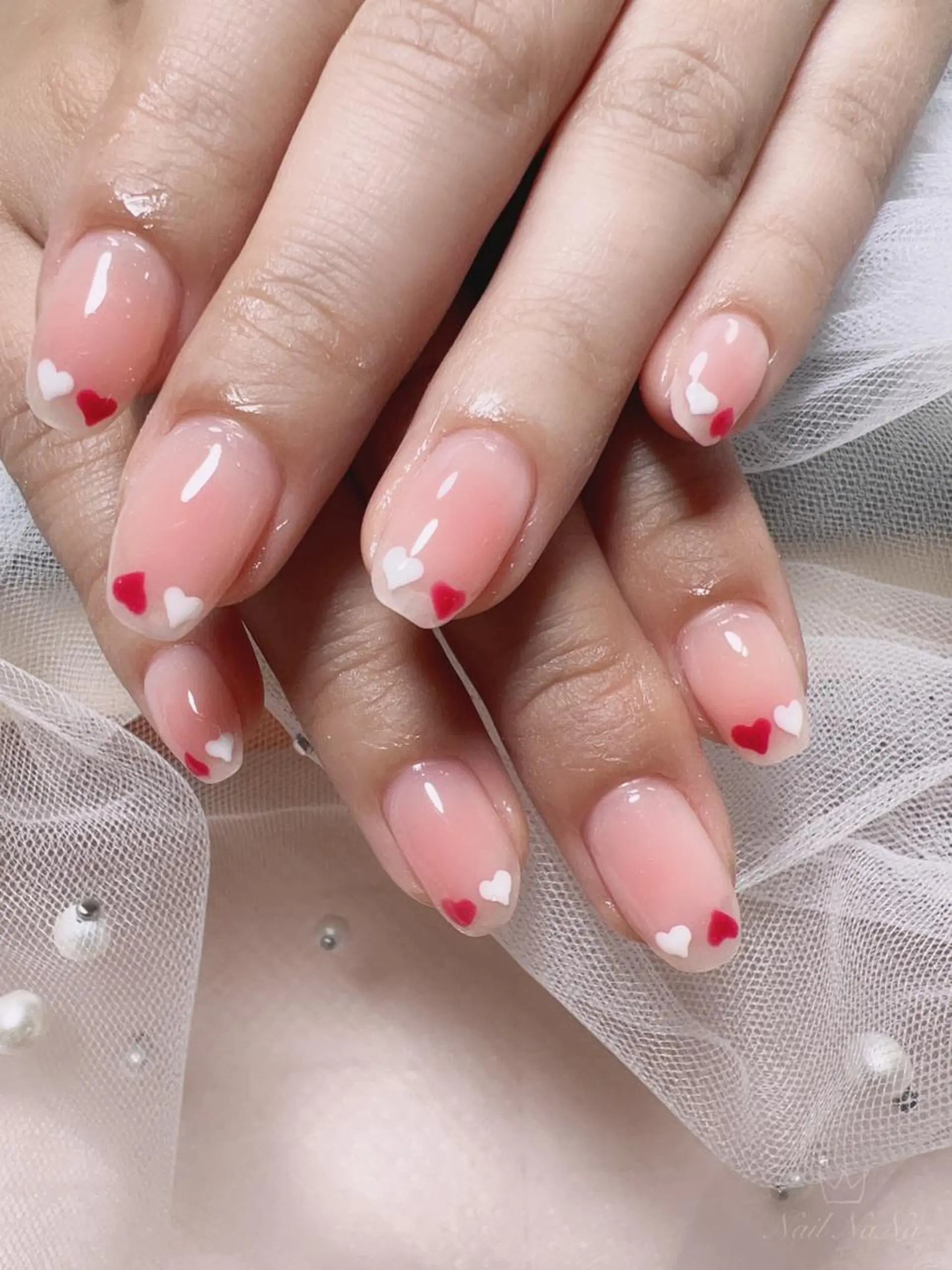 ショート カラー ネイル ピンクカラー チークネイル ハート ピンク ハンドネイル Nail NaNaのネイルデザイン