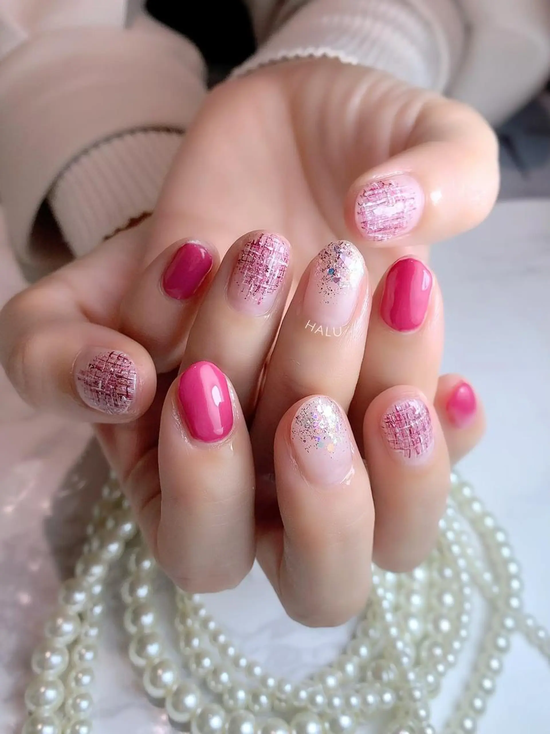 ネイル ピンク ツイードネイル HALU ハルのネイルデザイン