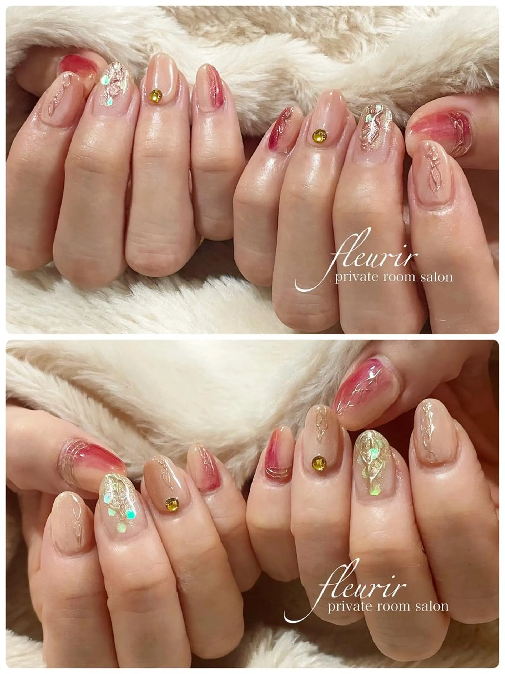 ネイル アートネイル ゴールド ミラーネイル ピンク フルリール 【プライベートサロンのネイルデザイン