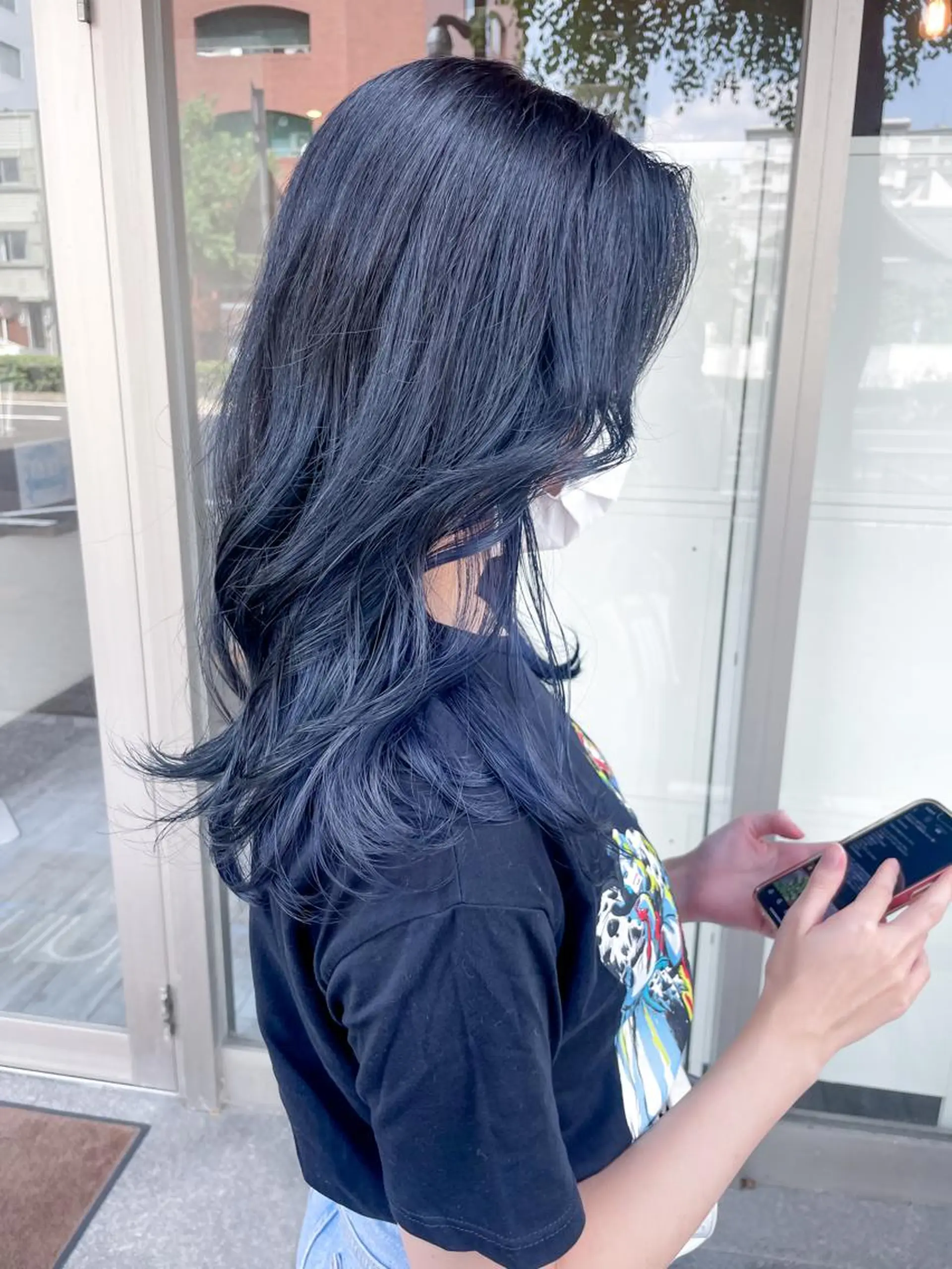 セミロング カラー 黒髪 ブルーカラー ブルーブラック ヘアカラー トリートメント レイヤー/高橋 みく /池下/千種のヘアスタイル