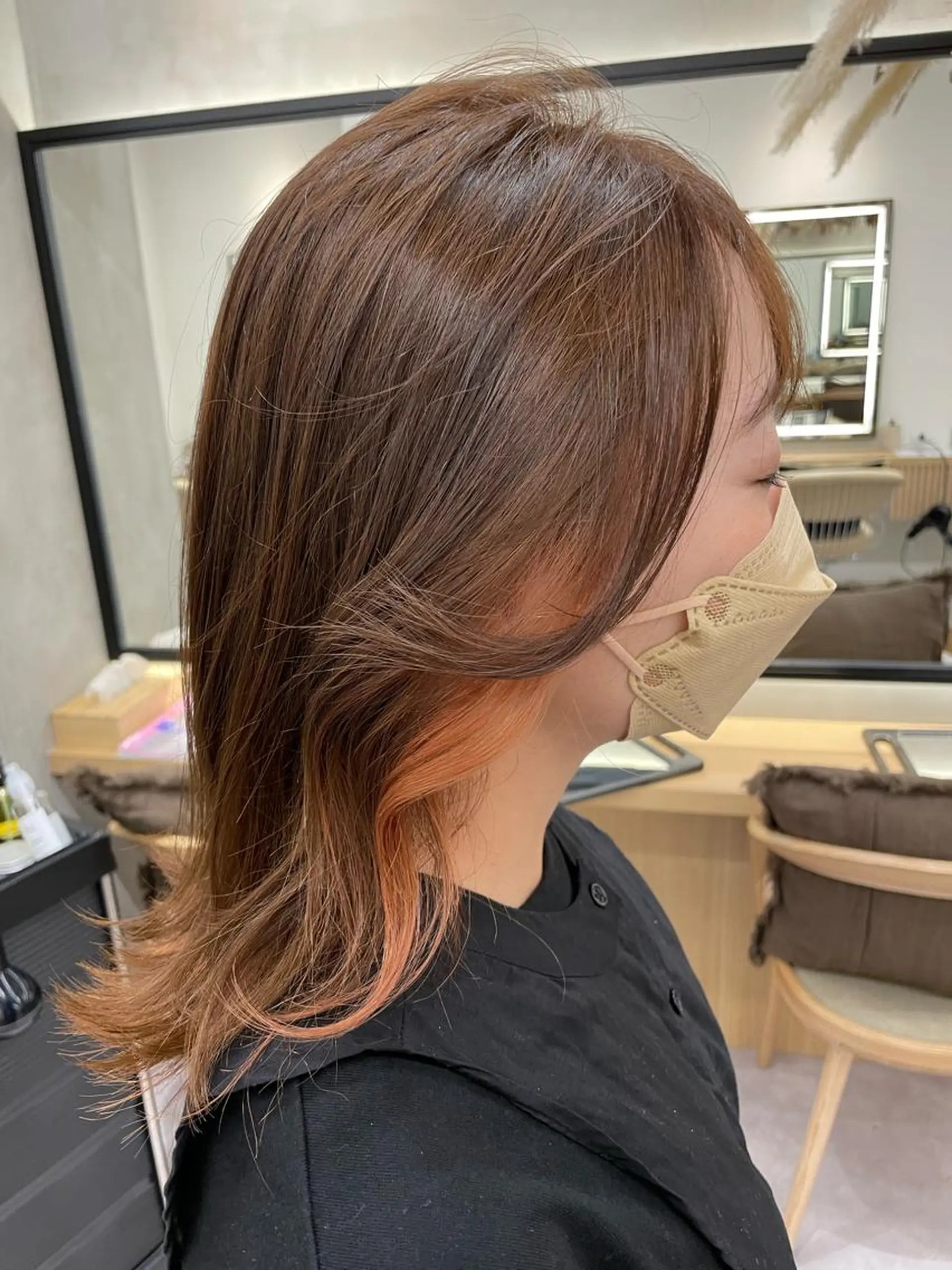 ミディアム カラー パーマ ヘアアレンジ オレンジ レイヤー縮毛矯正 ささきすずね💗のヘアスタイル