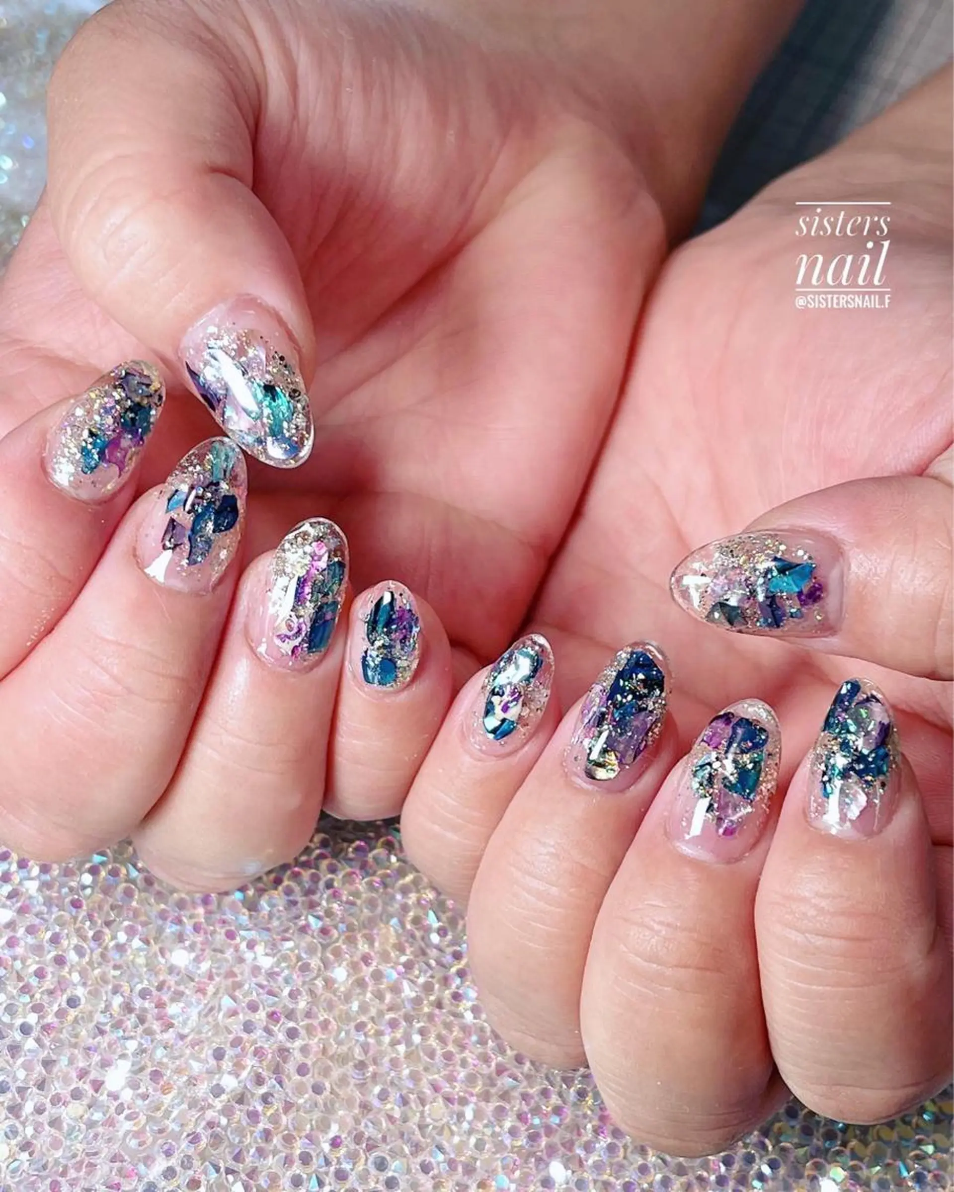 ネイル アートネイル クリアネイル 長さ出し ホログラムネイル キラキラネイル sisters nail.fのネイルデザイン