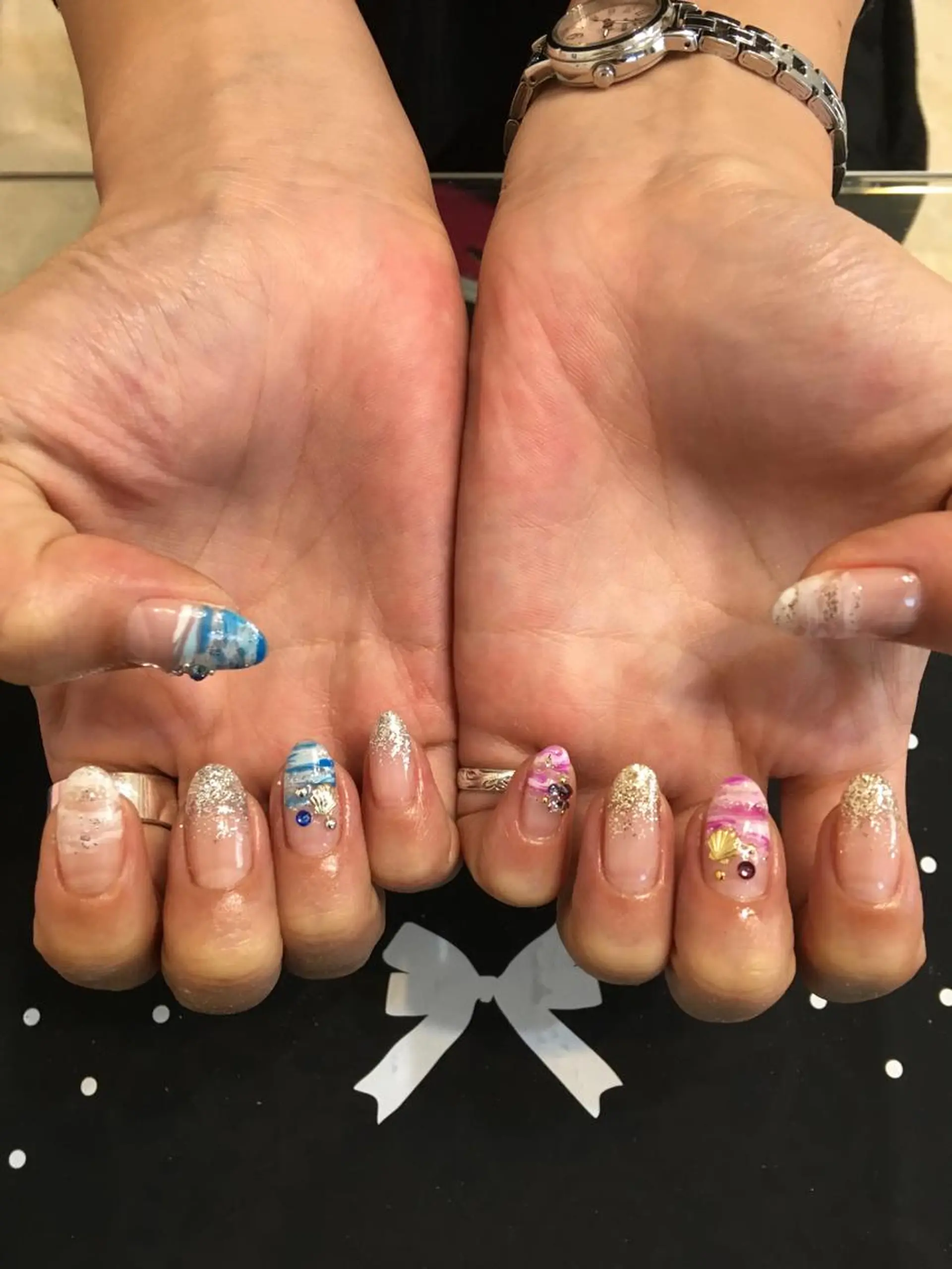 ネイル ボーダー フレンチネイル 大理石ネイル(マーブル) ハンドネイル 🌈KANÅKO 🌈のネイルデザイン