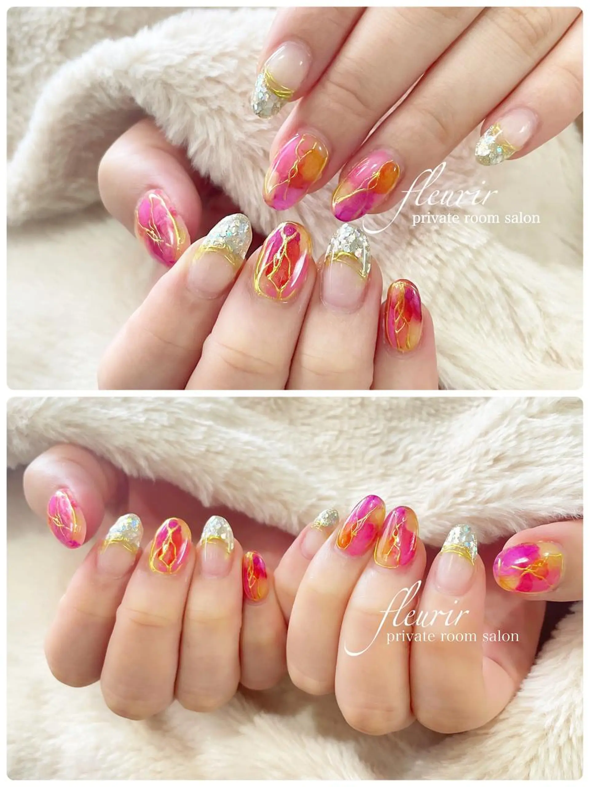 ネイル アートネイル フレンチネイル ガラスフレンチ ゴールド キラキラネイル フルリール 【プライベートサロンのネイルデザイン