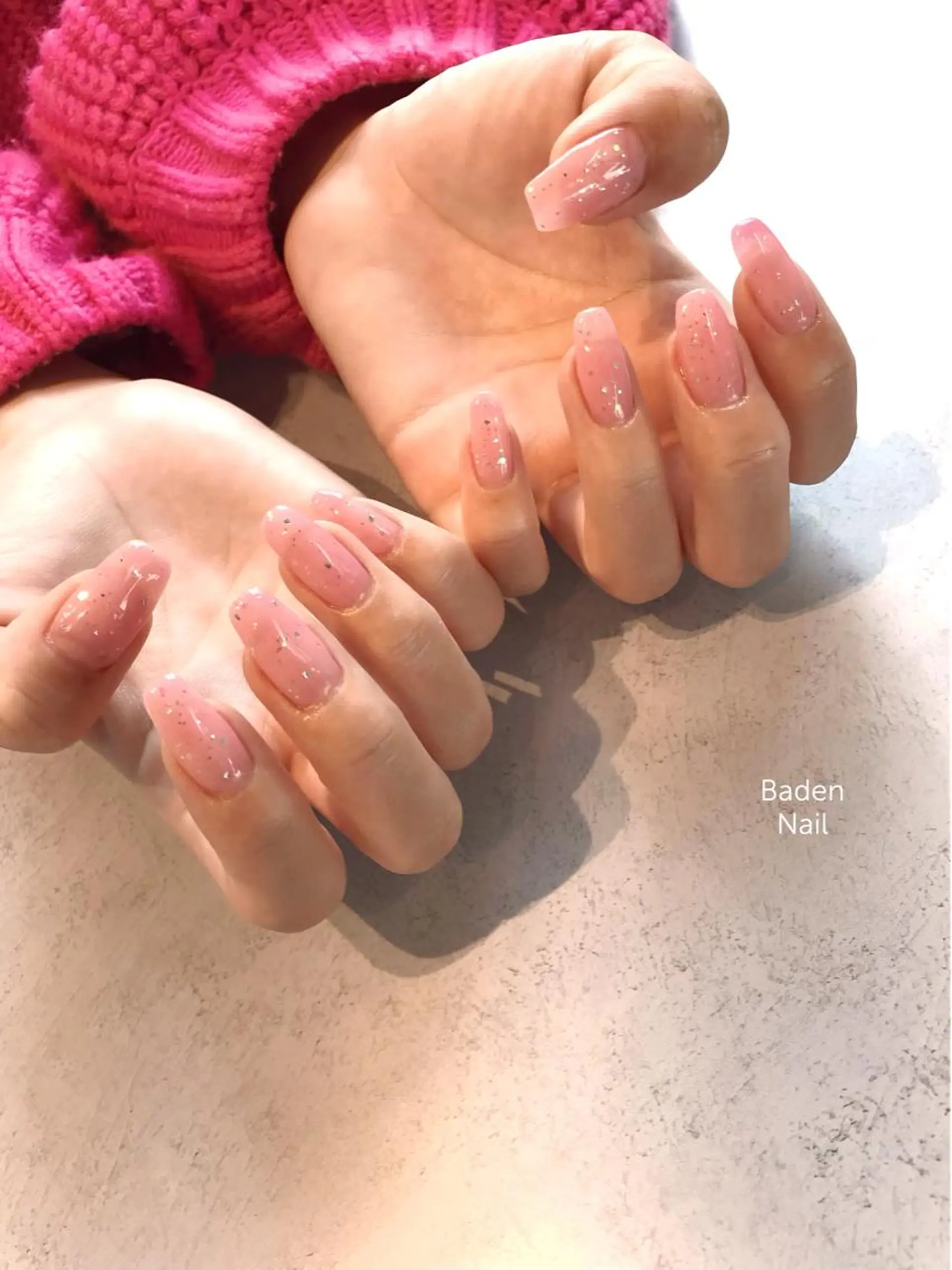 ネイル クリアネイル ラメ(グリッター) ピンク ハンドネイル Baden Nail ﾊﾞ-ﾃﾞﾝ ﾈｲﾙのネイルデザイン