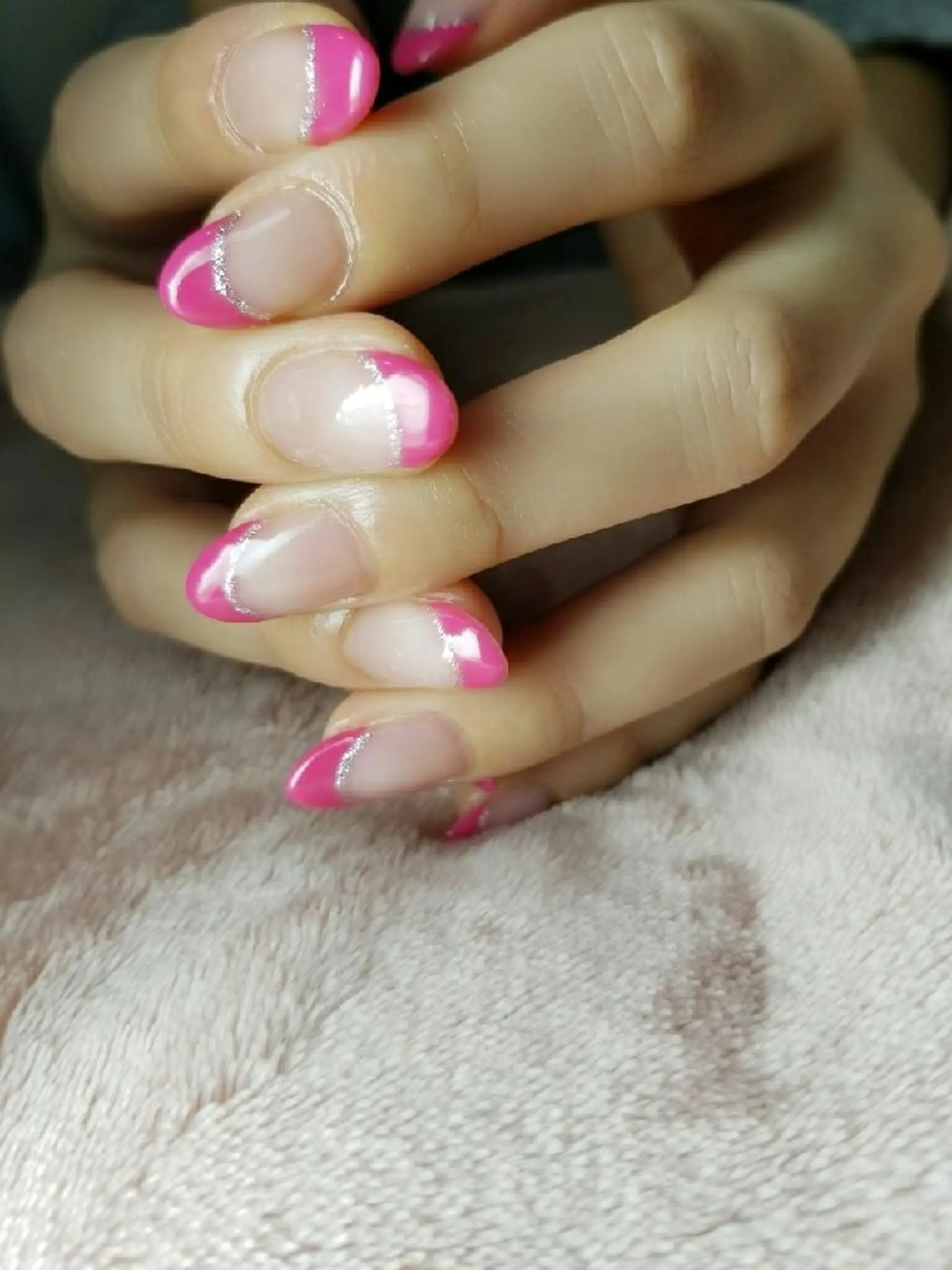 ネイル フレンチネイル ラメ(グリッター) ピンク シルバー Laule’a 昭島店のネイルデザイン